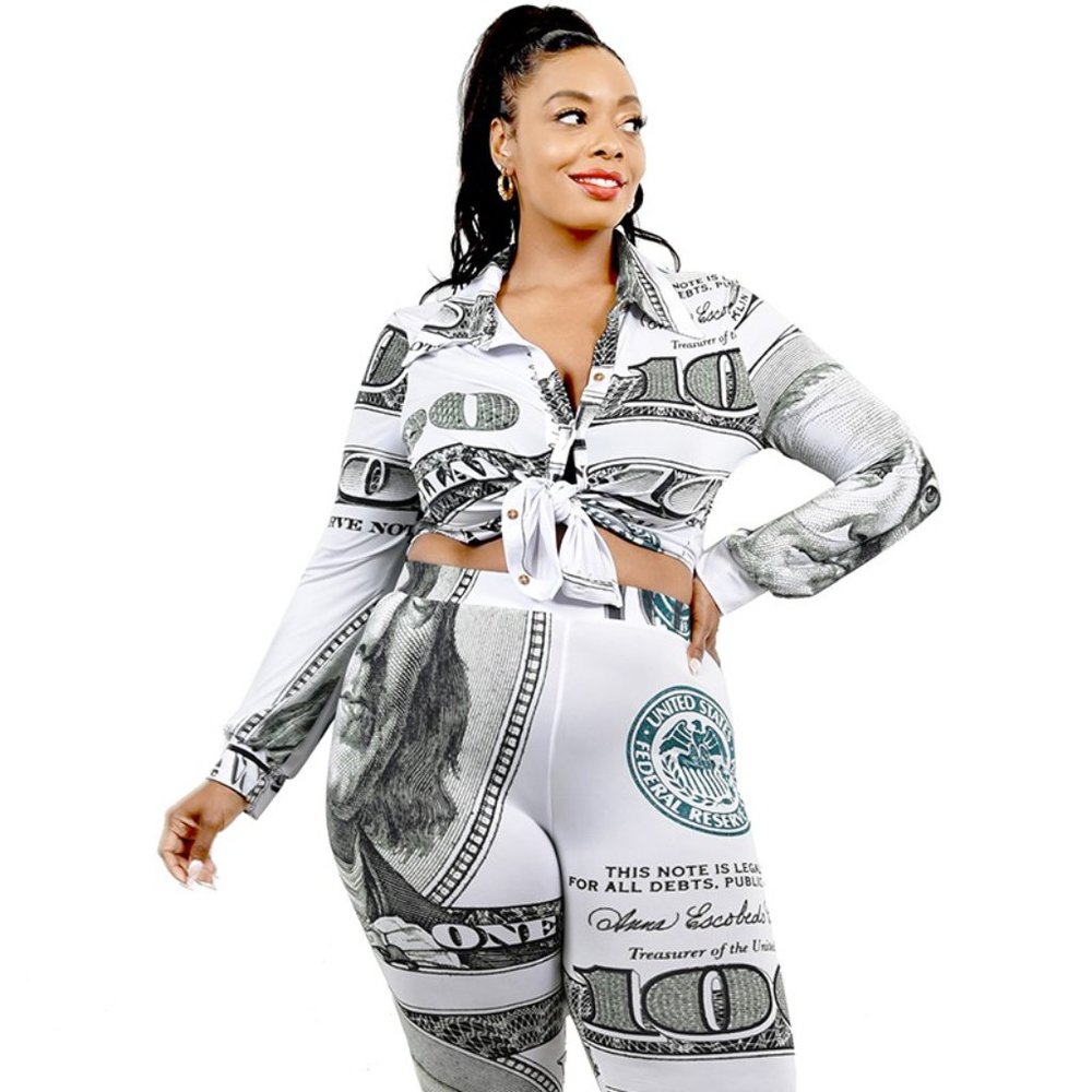 Plus Size Leggings Set Money Print Two Piece and Top